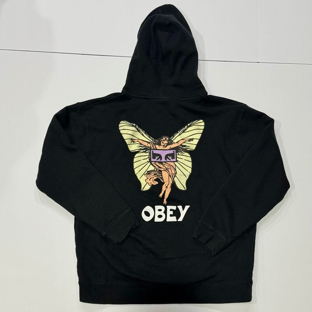 OBEY Cherub Butterfly Graphic Black Pullover Hoodie Men’s L